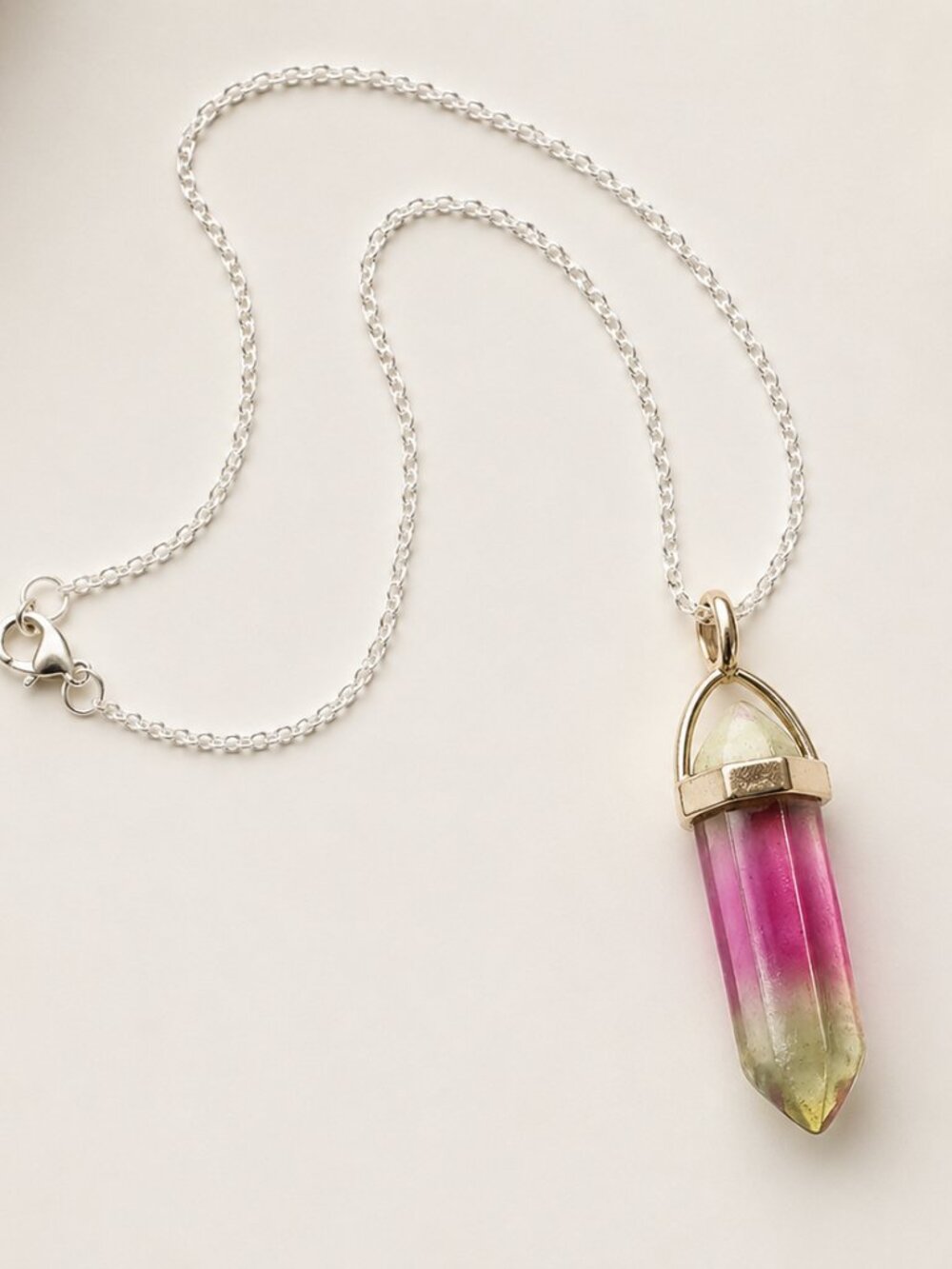 Rainbow Fluorite Stone Unisex,Crystal Bullet Point Pendant Necklace Silver Chain